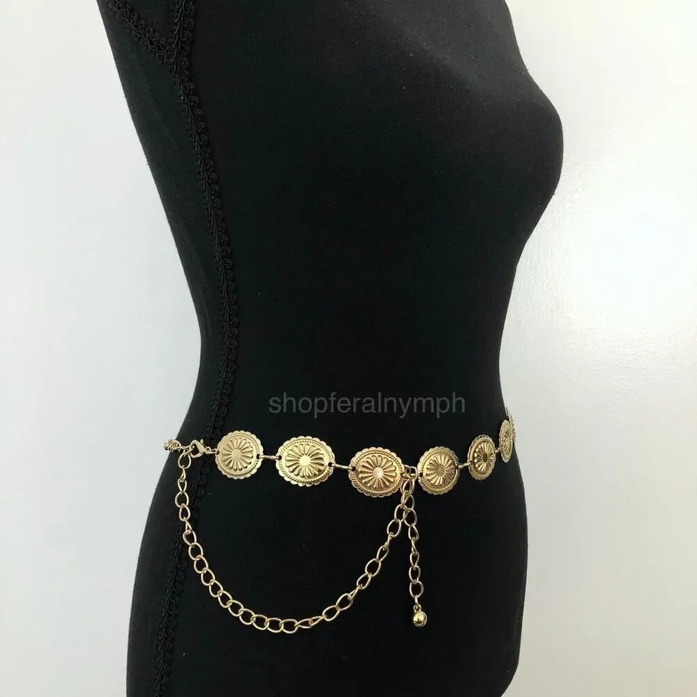 Vintage Y2K Boho Gold Medallion Chain Belt, Fits 23.5–43 Inches, X7GA1187